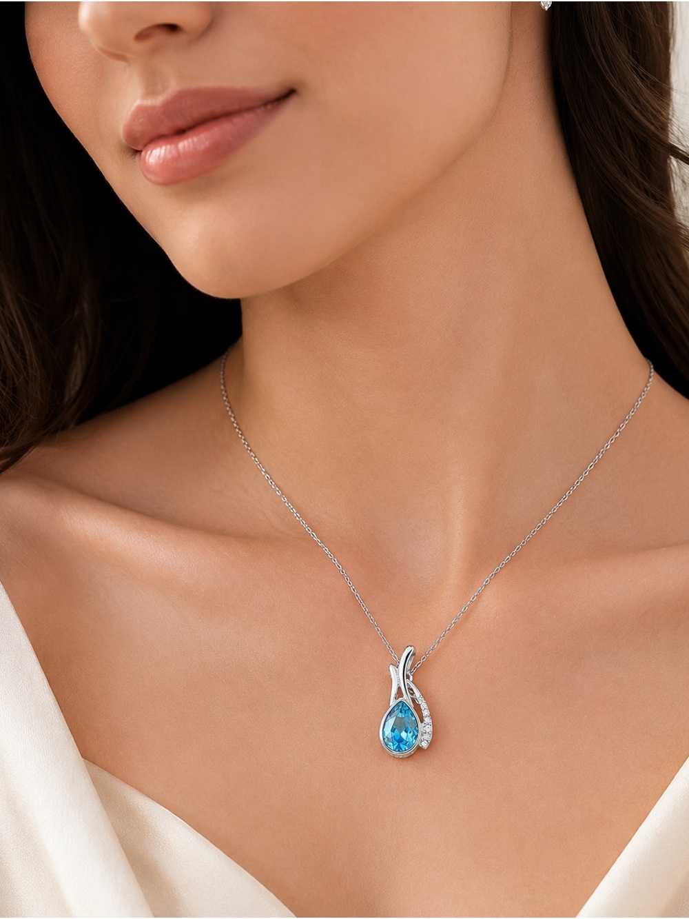 Swarovski Silver Teardrop Necklace with Aquamarine and White Crystals